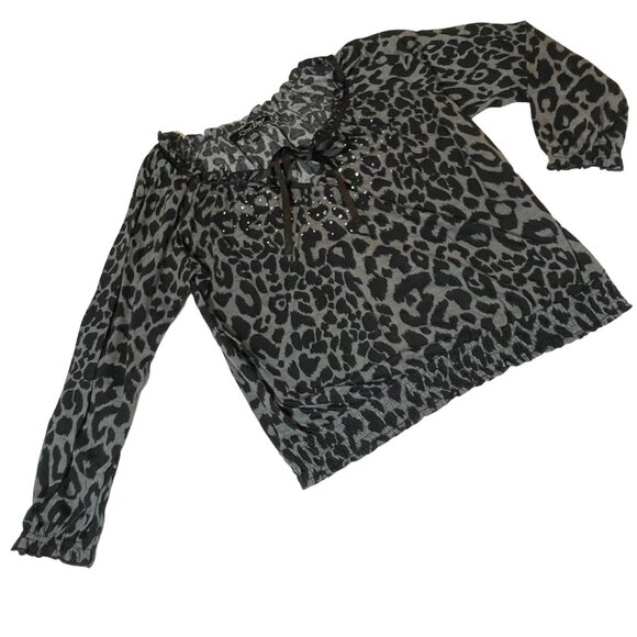 Lena Petite Women's Leopard Print Blouse P/M Black & Gray 100% Polyester Long Sl - Picture 1 of 6